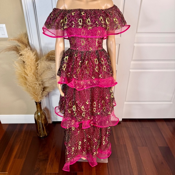 TIERED FUCHSIA MAXI PARTY GOWN DRESS - Picture 10 of 13